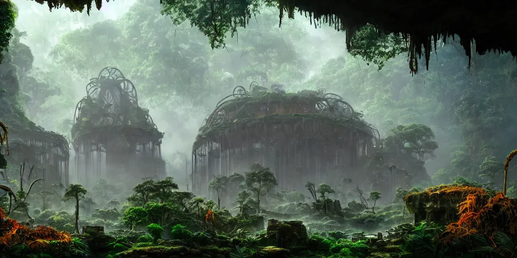 Image similar to a giant chrome metal arch structure is surrounded by jungles and stone ruins, retro - futuristic, science - fantasy, ancient, rusted, fungal, salt, lgbt, queer, rpg, epic, dungeons & dragons, sacred, sharp focus, award - winning, extremely detailed, 4 k, 8 k