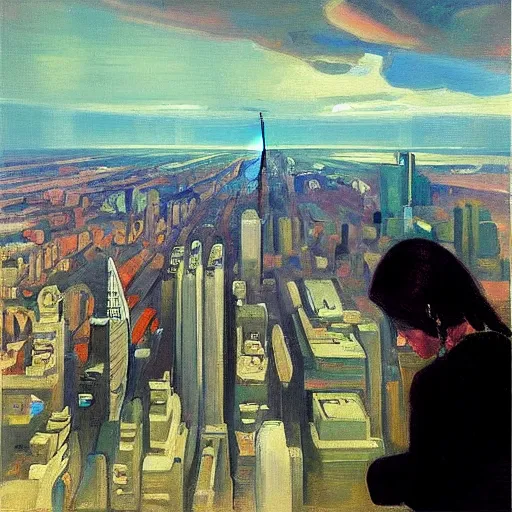 Prompt: “ a girl looking down at a futuristic new york city below, punk, detailed face, oil painting, by george bellows ”