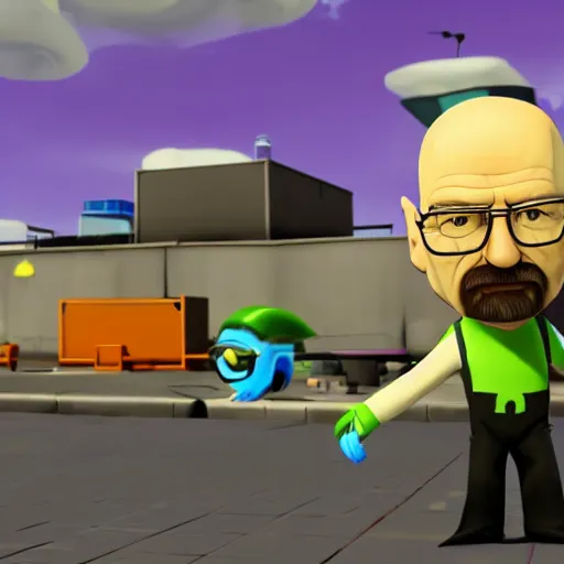 Image similar to walter white in the style of a splatoon character, in game screenshot, unreal engine, high definition