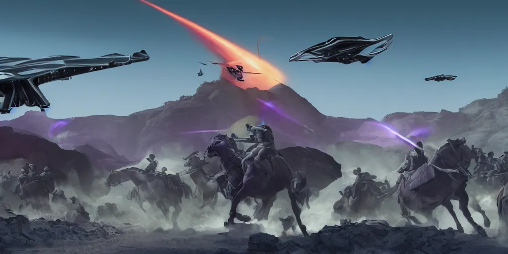 Image similar to neoteric depiction of a battlefield with horses riding drones and militarized turtles, weapon design by zaha hadid, y 2 k aesthetic, dark purple background, chesley bonestell, 4 k
