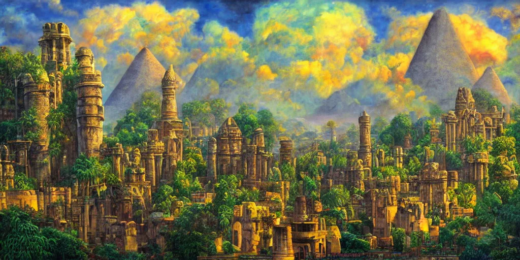 Image similar to fantasy oil painting, regale, refined, fortress mega structure city, luxor, argos, indore, ellora, hybrid, looming, small buildings, warm lighting, street view, overlooking, epic, lush plants flowers, rainforest mountains, bright clouds, luminous sky, outer worlds, cinematic lighting, michael cheval, michael whelan, oil painting, natural tpose