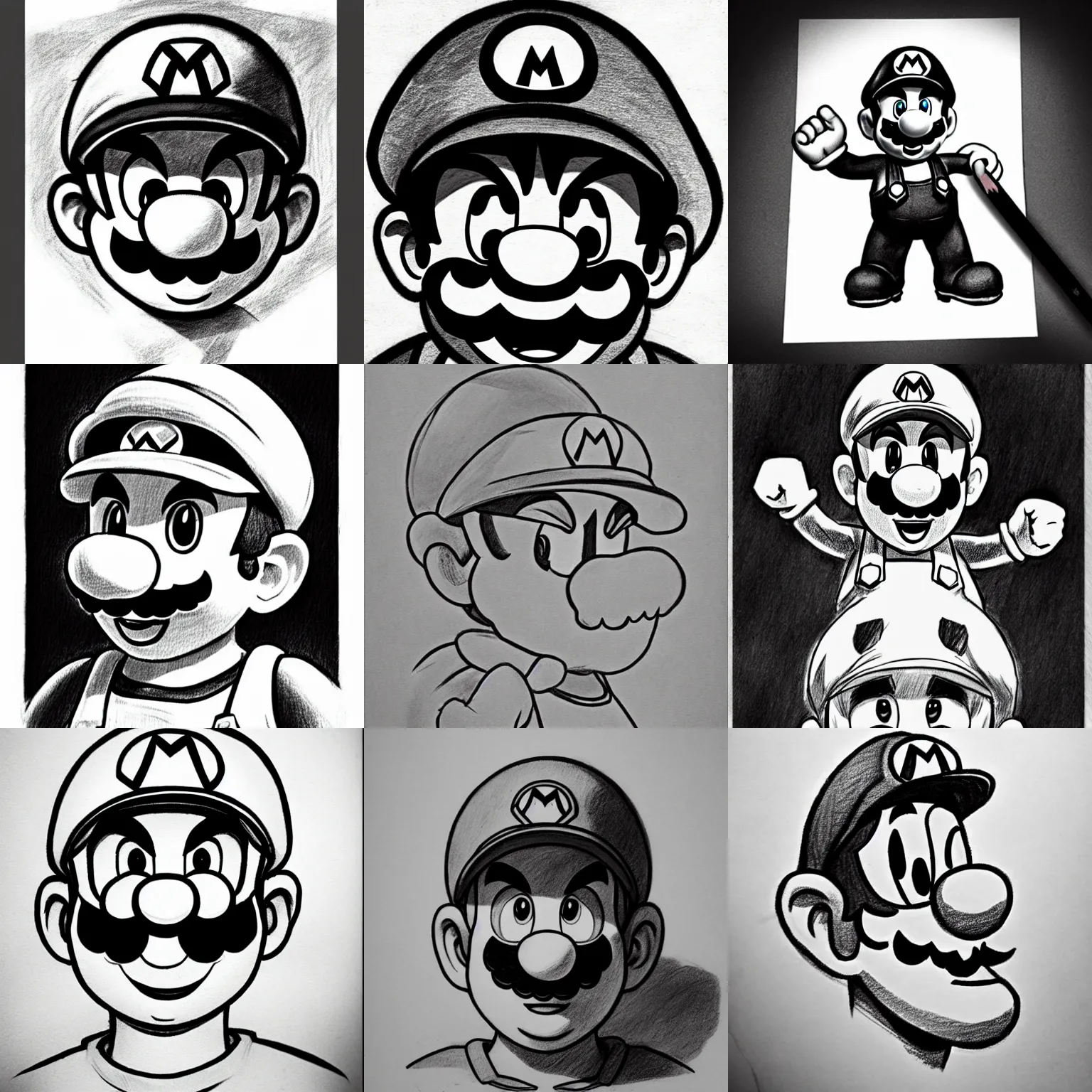 Prompt: epic pencil sketch of super mario, imposing focused gaze, striking manga artstyle, powerful shadows, concept art