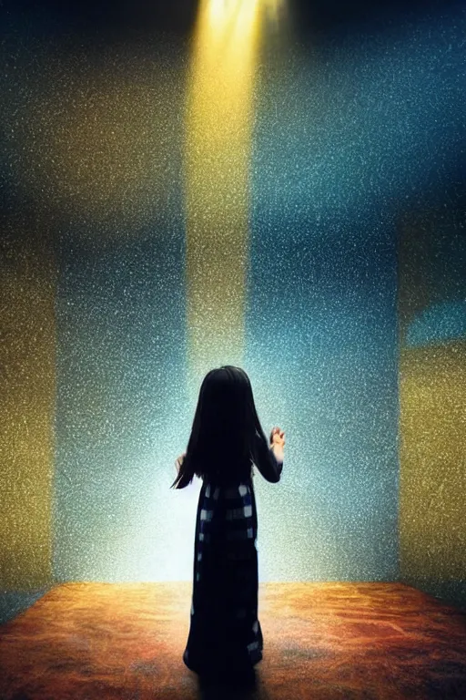 Prompt: a young girl with long black hair and chequered!! robe!! is watching a storm inside a symmetrical fantasy crystal. atmospheric, 4 k, highly detailed. surrounded by golden rays of light