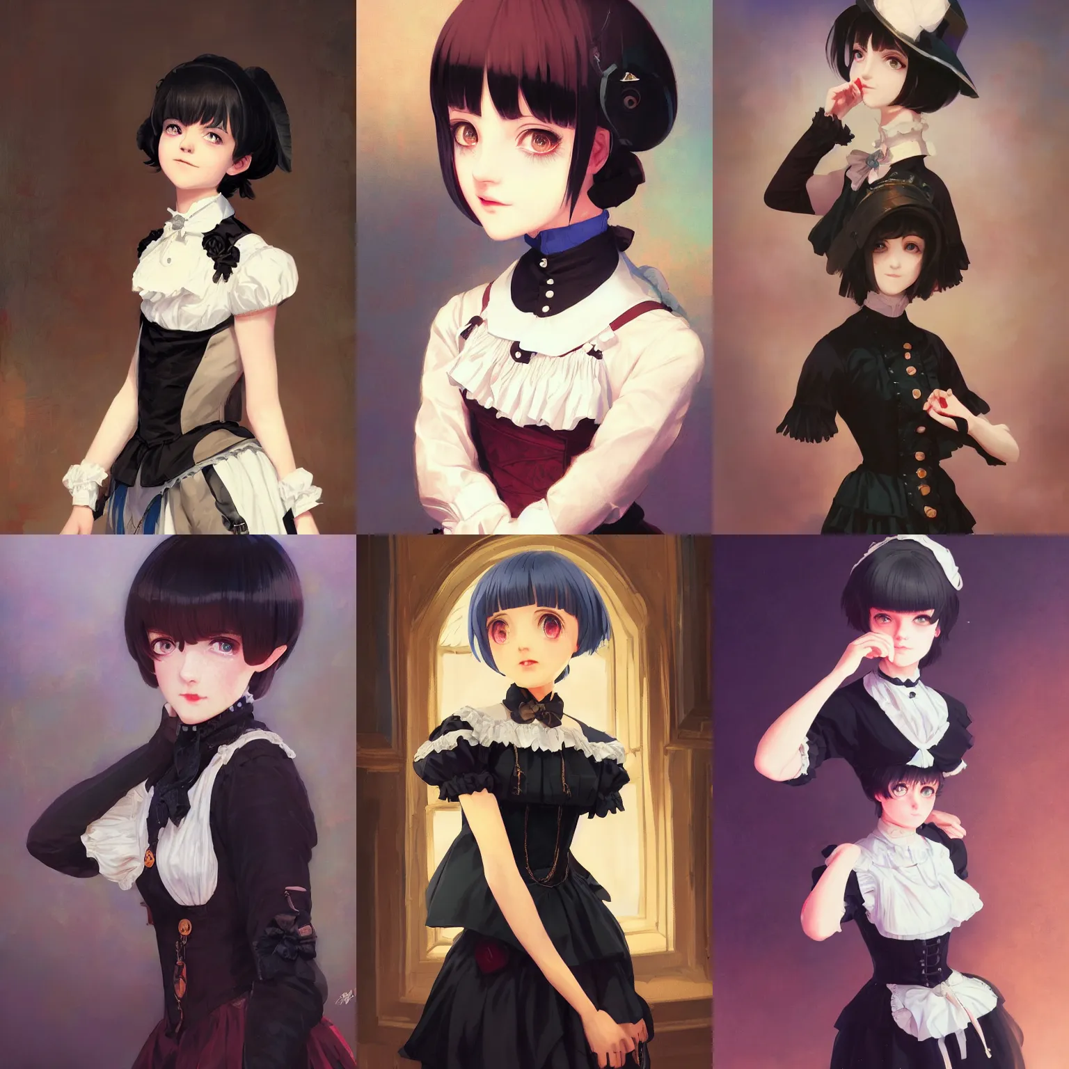 Image similar to a portrait of a cute young woman in a Victorian maid outfit with black bob cut hair, steampunk setting, vivid colors, soft lighting, atmospheric, cinematic, moody, in the style of Ilya Kuvshinov and Range Murata, Krenz Cushart, oil on canvas, 8k