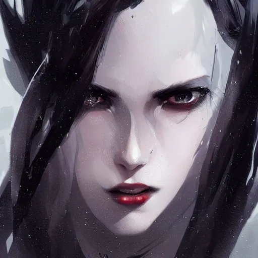 Image similar to female human vampire witch in the style of greg rutkowski, makoto shinkai, trending on artstation, character design, concept art, pretty face, highly detailed, long black hair, portrait, digital art