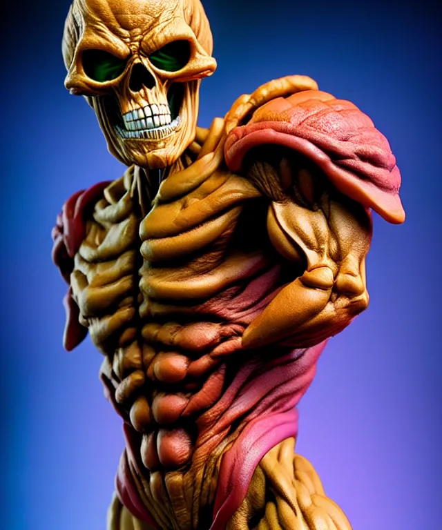 Image similar to hyperrealistic rendering, skeletor, by art of skinner and richard corben and jeff easley, product photography, action figure, sofubi, studio lighting, colored gels