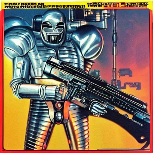 Image similar to 1 9 8 0's heavy metal album art, a shiny reflective detailed chrome cool cybernetic futurepunk 1 9 7 0's london punk rock android firing a giant rifle - style blaster rifle designed by ridley scott inside an alien spaceship