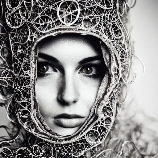 Image similar to an award finning closeup photo by a famous portrait photographer of a beautiful female bohemian cyberpunk techno rock musician aged 2 1 in filigree fractal robes