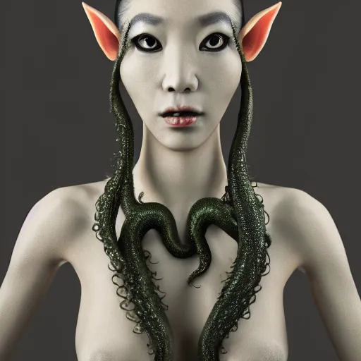 Image similar to eerie asian female elf made of nacre, lovecraftian black smoky tentacles growing, octane rendering