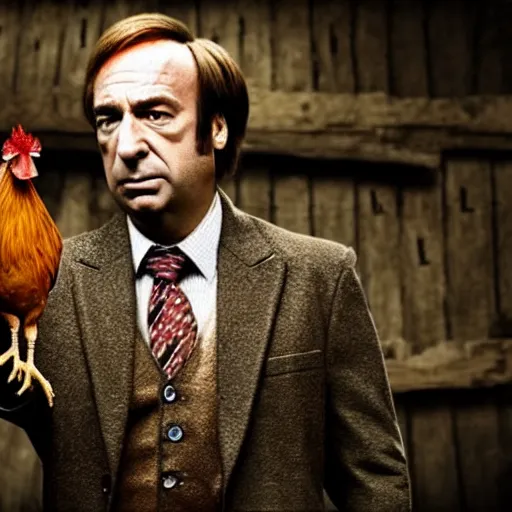 Image similar to saul goodman and a rooster in a medieval torture chamber, saw blades and knives in the background, horror movie, saul goodman, rooster!!!!, real life photo, highly detailed face