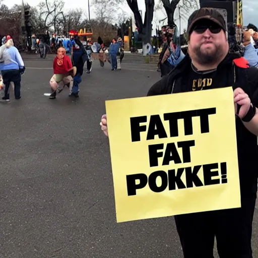 Prompt: fat chuck protest sign