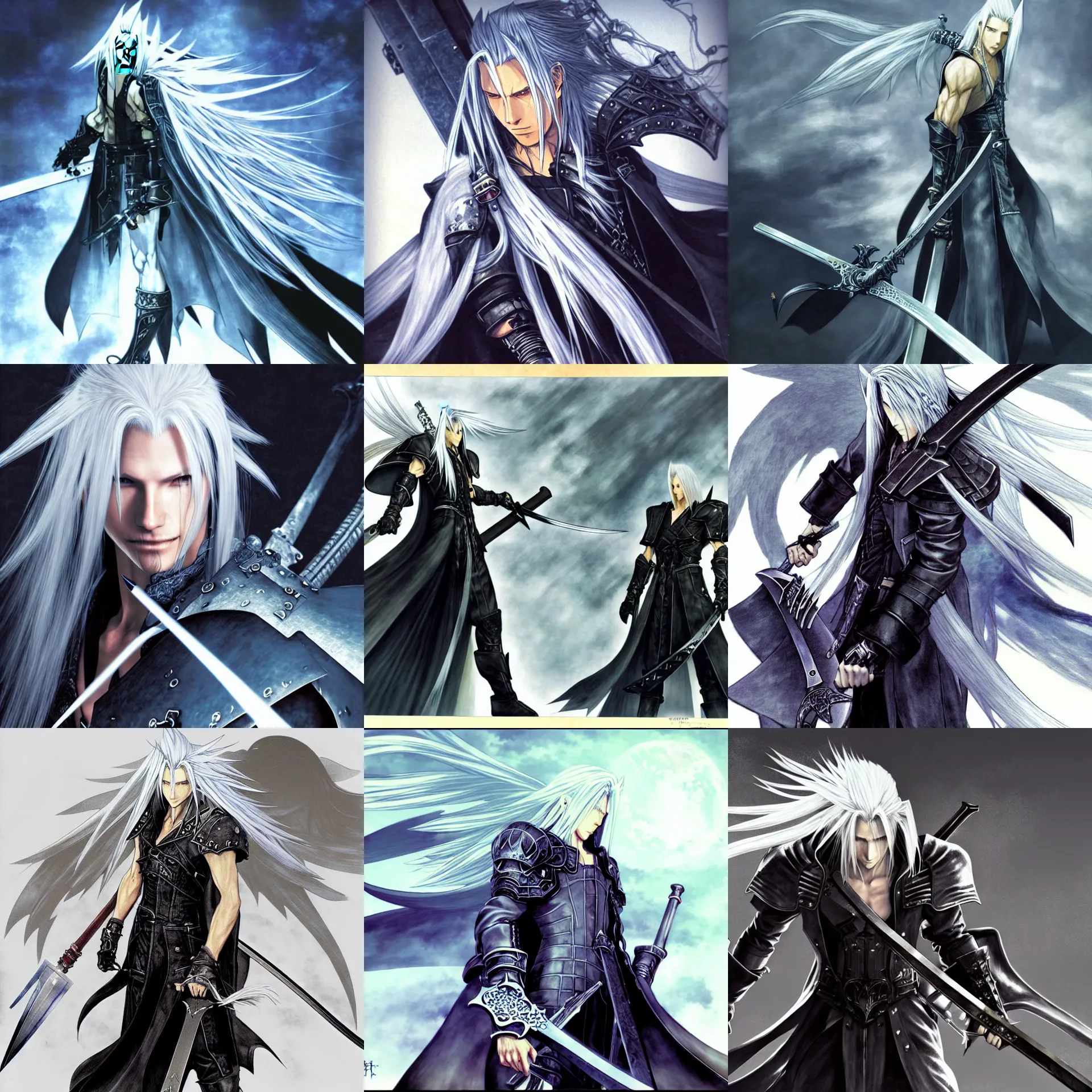 Prompt: Sephiroth illustrated by Akihiko Yoshida, concept art
