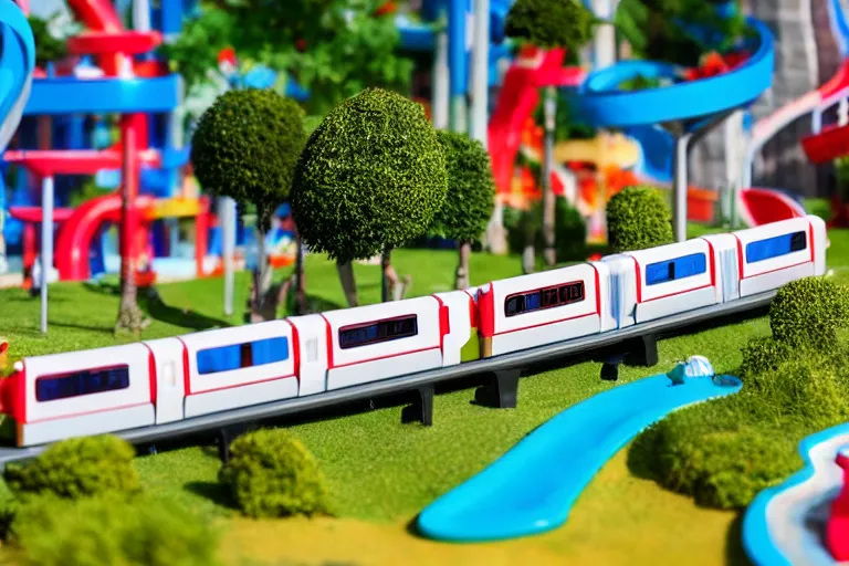 Image similar to fisher price monorail through theme park in albania, in 2 0 1 5, perfect focus, scene from tv show hyper detailed 5 5 mm 8 5 mm, toy photography, made out of plastic