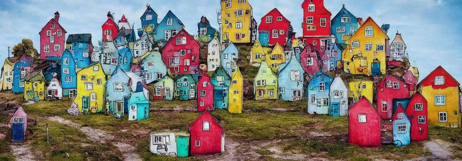 Prompt: quirky surreal naive houses painted by alexander jansson, bright colors