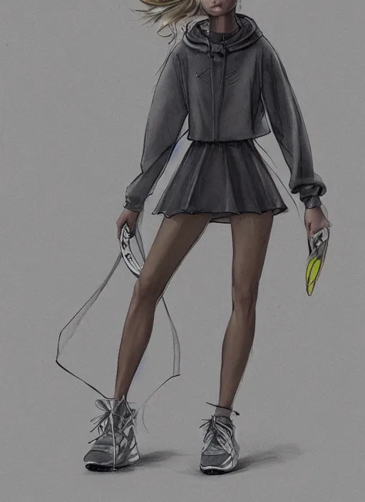 Prompt: a fashion sketch of a futuristic tennis girl wearing yeezy 5 0 0 sneakers and an anorak designed by balenciaga by brian froud and frank frazetta, low angle