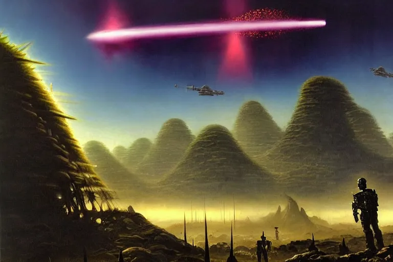 Prompt: Epic science fiction landscape of an alien jungle. In the foreground is futuristic anti-air artillery firing into the sky, in the background an alien spaceship is escaping. An officer stands next to the artillery pointing upwards. Stunning lighting, sharp focus, extremely detailed intricate painting inspired by Mark Brooks and by Moebius