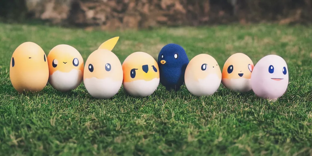 Image similar to real life pokemon egg group, cute!!!, content!!!, mischievous!!!, adorable!!!, fluffy!!!, ultra realistic!!!, golden hour, sharp focus, tiny amount of chromatic aberration