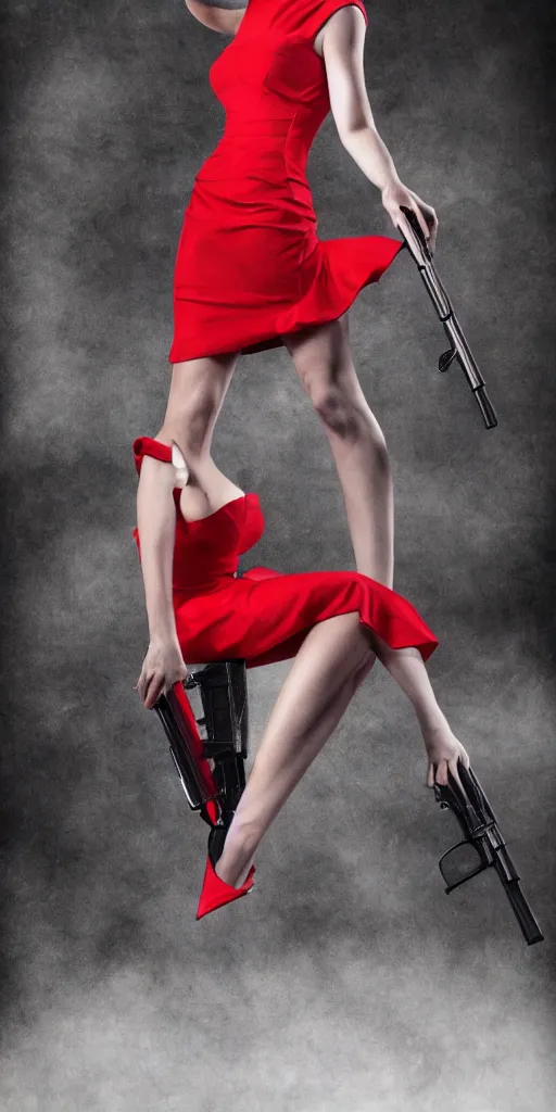 Prompt: hyper realistic photo of cute woman with red dress and shotgun, very detailed, nightclub