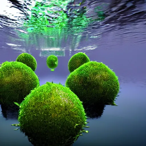 Prompt: man made of marimo moss balls running at the bottom of a lake, unreal engine, high detail