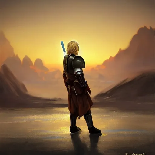 Image similar to a young blonde male jedi with short hair standing still looking at the sunset concept art by Doug Chiang cinematic, realistic painting, high definition, concept art, the Mandalorian concept art style