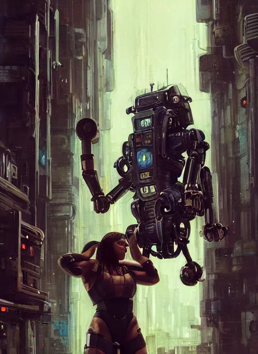 Image similar to buff cyberpunk olympic weightlifter with robotic arms wearing a jumpsuit ( blade runner 2 0 4 9, cyberpunk 2 0 7 7 character design ). orientalist portrait by john william waterhouse and james gurney and theodore ralli and nasreddine dinet, oil on canvas. cinematic, hyper realism, realistic proportions, dramatic lighting, high detail 4 k
