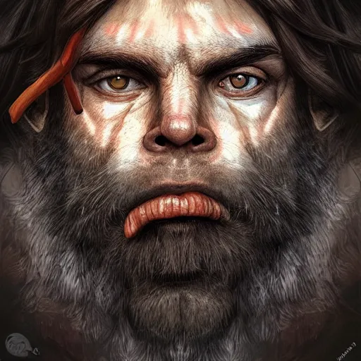 Image similar to Mrbeast as a cave man , digital art , hyperdetailed , trending on artstation , matte painting , CGSociety , pinterest