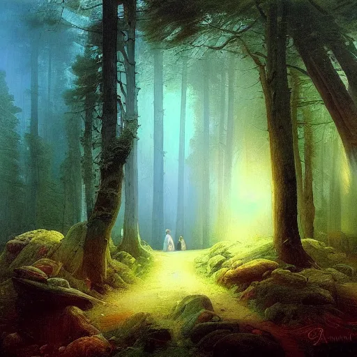 Prompt: a beautiful painting of a sacred pathway in a mysterious forest by ivan aivazovsky, trending on artstation