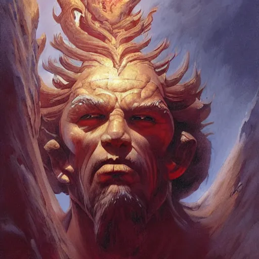 Image similar to head and shoulders portrait of a flamimg helmed fire giant, d & d, fantasy, greg rutkowski, frank frazetta, alexandre chaudret, boris vallejo, michael whelan, miro petrov, hr giger, magali villeneuve, donato giancola