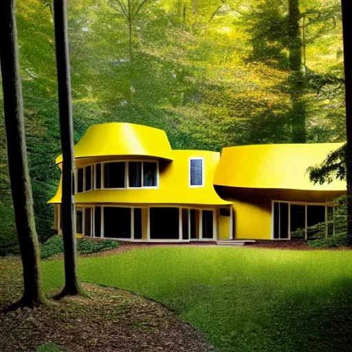 Prompt: architecture ad for a mid-century modern house in the middle of the forrest, designed by Frank Gehry. Film grain, cinematic, colorized, yellow hue