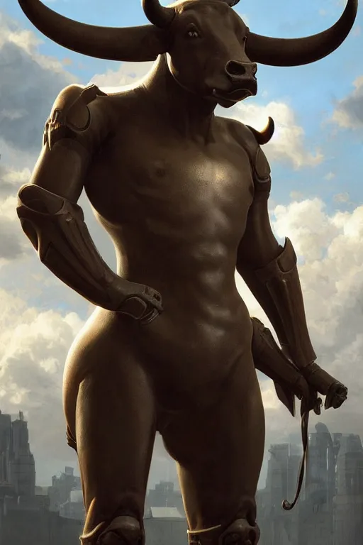 Image similar to a tall bull android with hard rubber coating standing, 3 d, depth of field, octane render, symmetrical, hyper realism, highly detailed, digital art, artstation, concept art, cinematic lighting, trending, art by artgerm and greg rutkowski and alphonse mucha