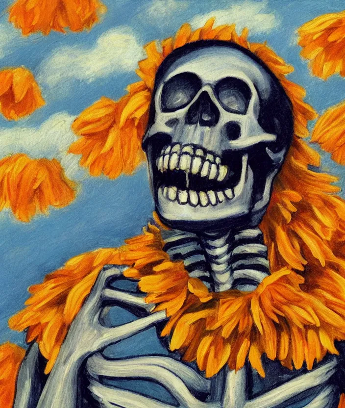 Image similar to a closeup portrait of a skeleton in an orange prisoner overall, standing in beautiful sunflower field, screaming and sad, highly detailed, aesthetic clouds in the sky, in the style of edward hopper, very fine brush strokes, 4 k,