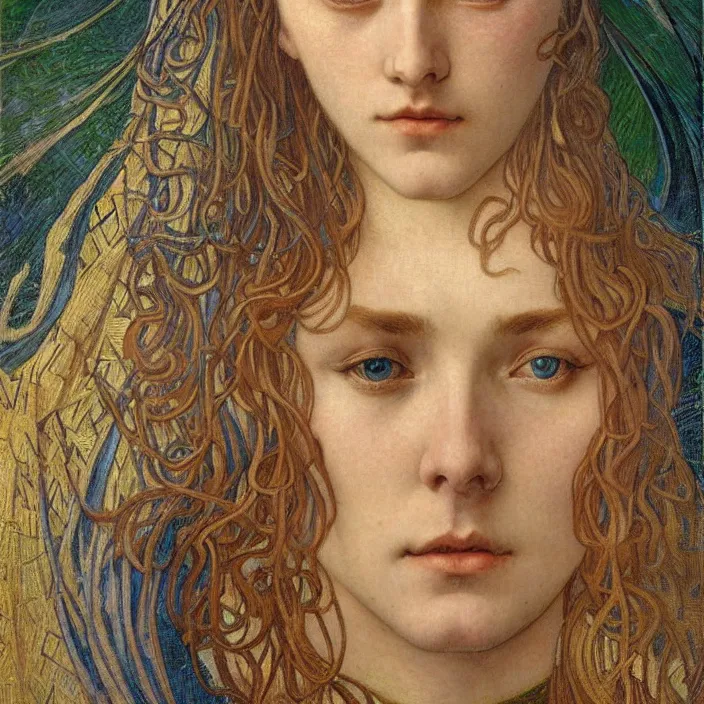 Image similar to detailed realistic beautiful young medieval queen face portrait by jean delville, alphonse mucha, vincent van gogh, and marco mazzoni, art nouveau, symbolist, visionary, gothic, pre - raphaelite