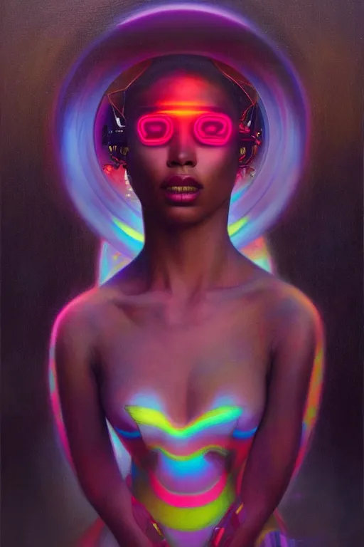 Image similar to patron saint of 🛸🌈👩🏾, futuristic clothing, neon god of city character portrait, in the style of moebius, tom bagshaw, and waterhouse, cinematic lighting, beautiful, elegant, oil painting,