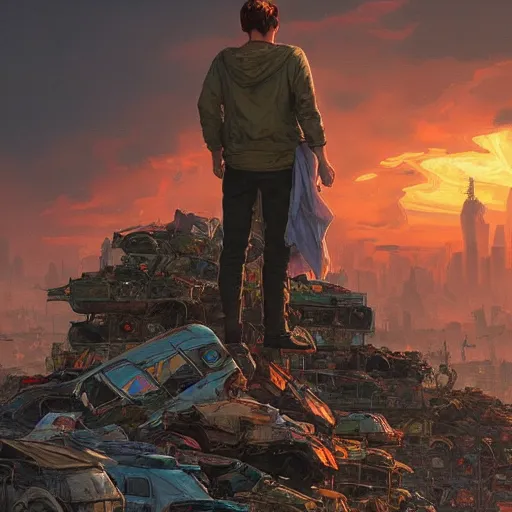 Prompt: kid standing on pile of cars on garbage dump, wasteland city, sunset sky, nostalgia feeling, greg rutkowski, alphonse mucha, trending on artstation, 4 k highly detailed art, digial art, karl schulschenk, dmitriy eremenkov