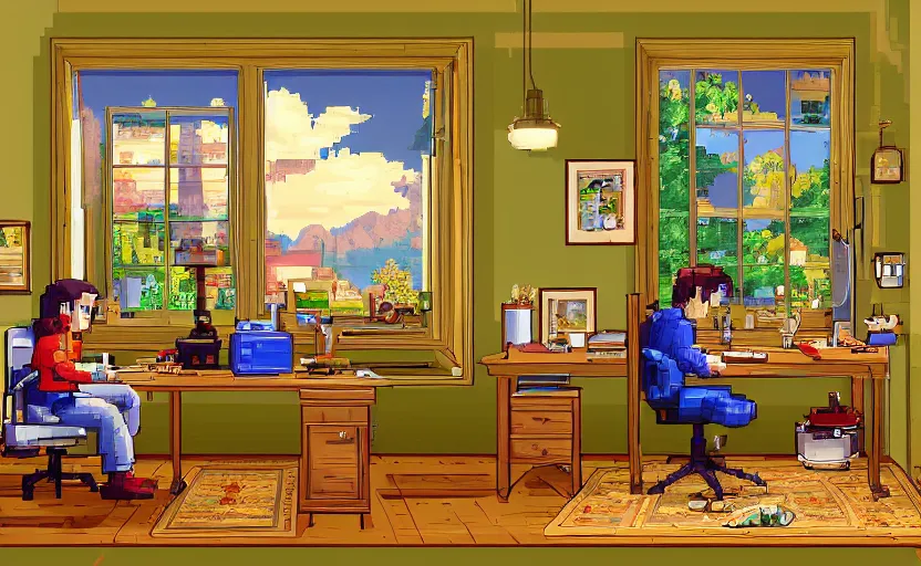 Prompt: Character sitting and relaxing in front of their work desk in their cozy room as a peaceful scene is seen through the room's window. Smooth Highly detailed masterpiece pixel-art. in the style of Close Highly detailed masterpiece professional artistry Sega, Namco, Neogeo, Capcom artist's Pixel-art. Trending on artstation. Slice-of-life genre art. Balanced colors and lighting scheme by James Gurney and artgerm. In the style of a 'Music to chill/study' to youtube video.