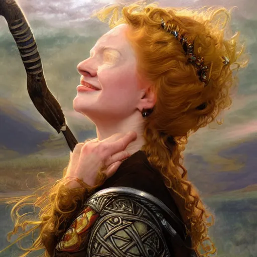 Image similar to an portrait of an happy female scottish celtic queen, detailed, centered, digital painting, artstation, concept art, donato giancola, Joseph Christian Leyendecker, WLOP, Boris Vallejo, Breathtaking, 8k resolution, extremely detailed, beautiful, establishing shot, artistic, hyperrealistic, beautiful face, octane render