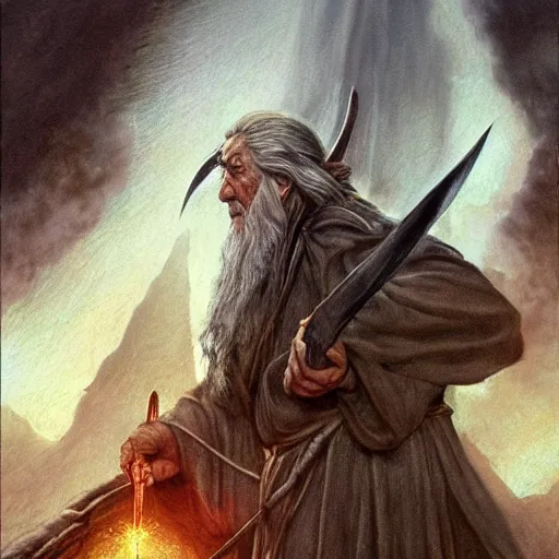 Prompt: beautiful gandalf with a sword in his hand on a bridge fighting an enormous balrog from hell, by alan lee, lord of the rings, smooth, detailed terrain, oil painting, matte painting, concept art, trending on artstation