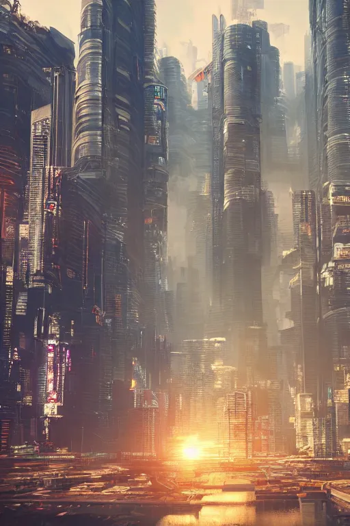 Image similar to cyberpunk cityscape like tokyo nework with tall buildings at dusk golden hour cinematic lighting, epic composition. A golden daylight, hyper-realistic environment. Hyper and intricate detail, photo-realistic. Cinematic and volumetric light. Epic concept art. Octane render and Unreal Engine, trending on artstation