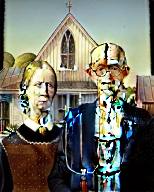 Image similar to American Gothic by Grant Wood painted by Hieronymus Bosch