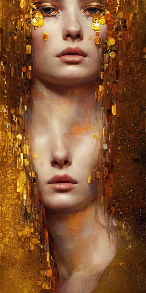 Prompt: an intricate portrait painting of an artistic pose young beautiful lady covered in klimt golden motives and textures, hyper - detailed, octane render, vivid colors, artstation, by jeremy mann, by gustav klimt