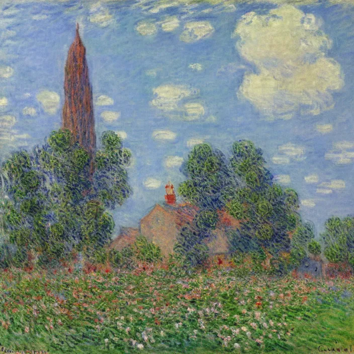 Image similar to a building in a serene landscape, by claude monet