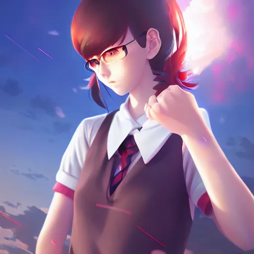 Image similar to high school girl shattering dimensions, digital anime art, wlop, sakimimichan, ilya kuvshinov, artgerm