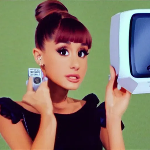 Prompt: ariana grande in 1976 tv commercial holding a phone 4k