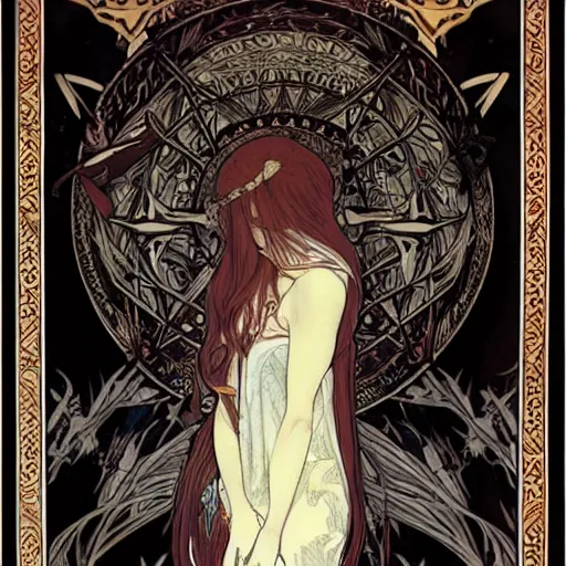 Prompt: An illustration with the theme of death by mucha and wlop