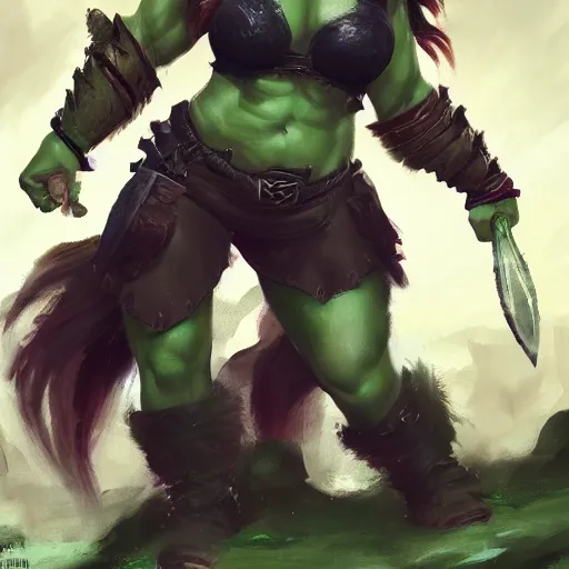 Prompt: a full bodied character portrait of a buff green orc warrior woman in full plate armor bald with a ponytail, by astri lohne, trending on artstation