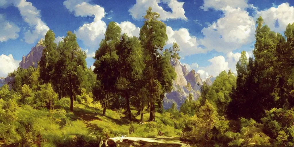 Prompt: disney illustrated background of a mountain valley with a blue sky and fluffy white clouds, grassy field by eugene von guerard, ivan shishkin, john singer sargent