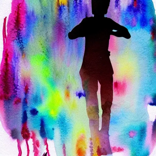 Prompt: a silhouette with its mind exploding into a beautiful watercolor dream