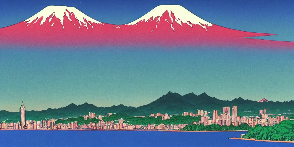 Image similar to skyline of a large metropolis, mount rainier looming in the background, acid and dreaming psychedelic hallucinations, by kawase hasui, moebius and edward hopper, hd, 8 k, artstation, sharp focus, smooth, masterpiece