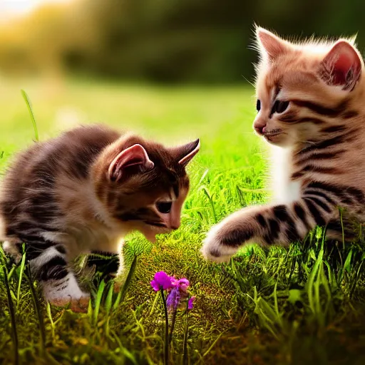 Image similar to photorealistic potrait of two kittens playing in a field of catnip, wide angle lens, bokeh filter, hyperrealism