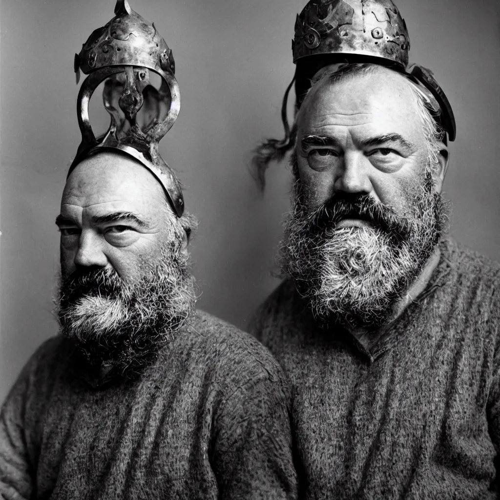 Prompt: An Alec Soth portrait photo of Ernest Hemingway wearing a Viking Helmet